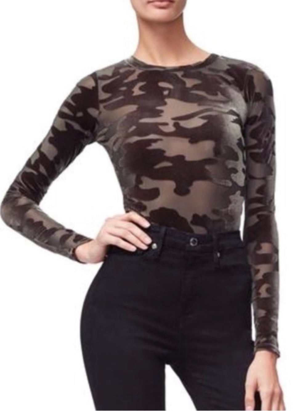 Good American Olive Green Camo Sheer Long-Sleeve Top